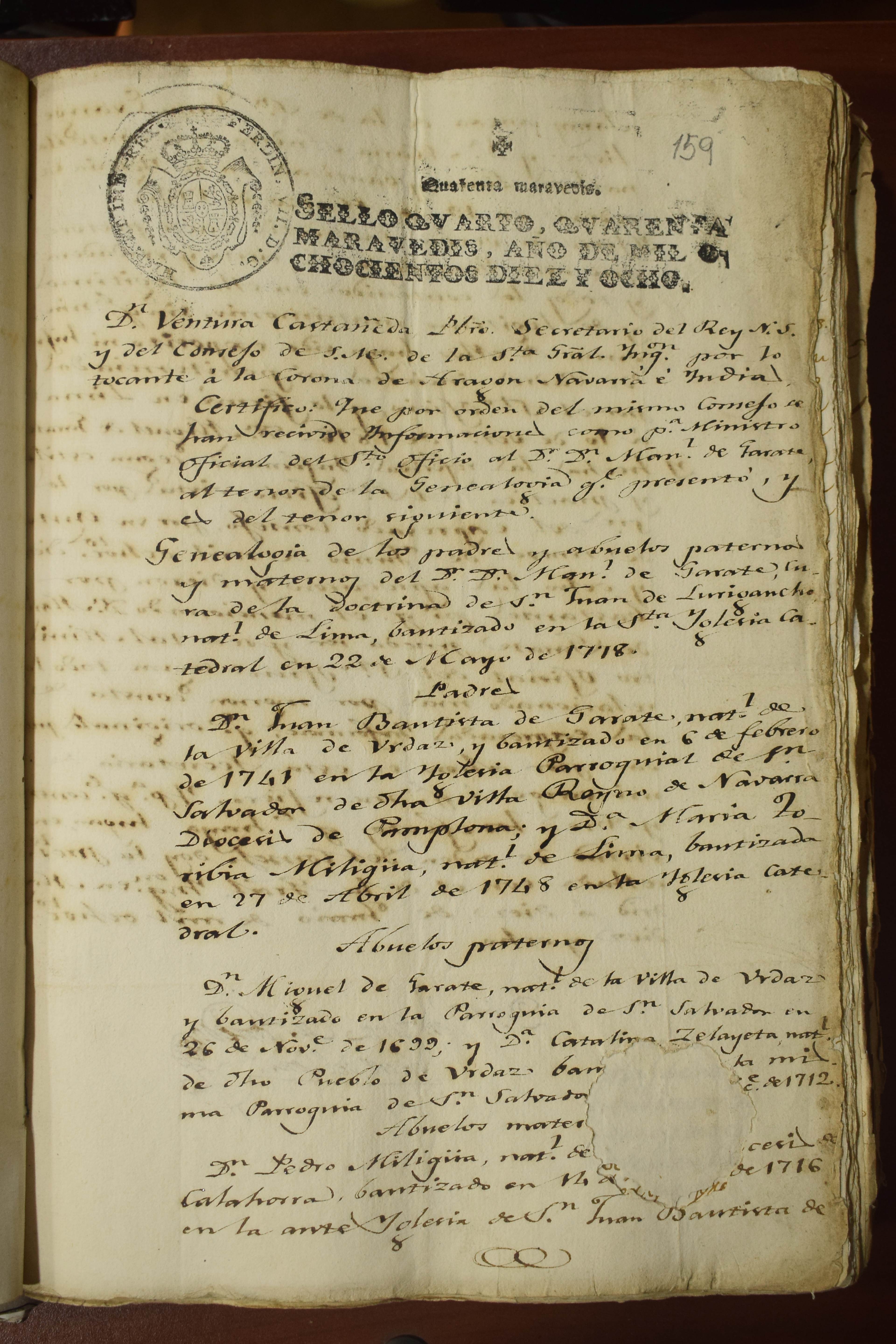Genealogía de Man. de Garate para Ministro del Santo Oficio