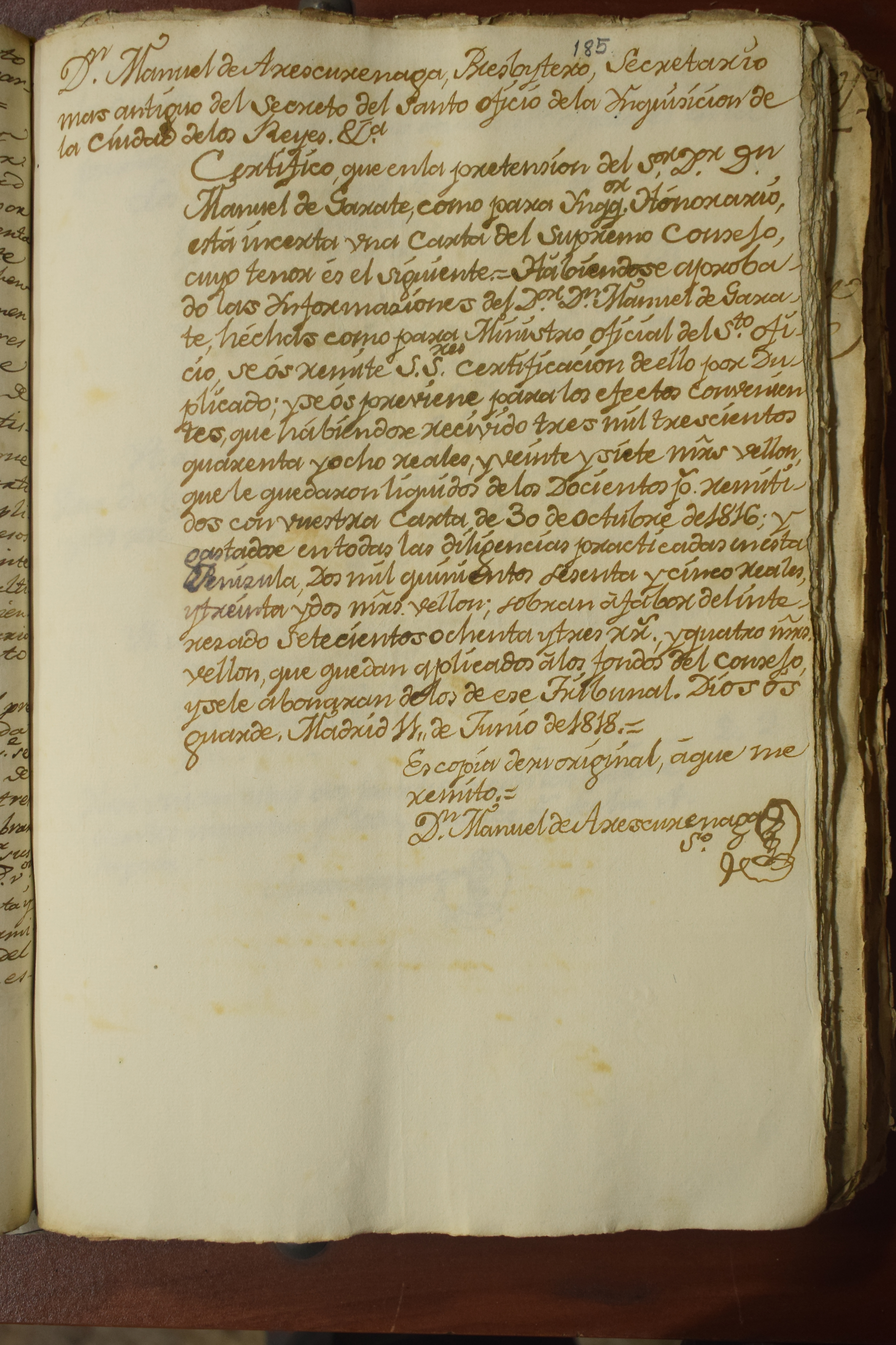 Certificación sobre las informaciones y gastos de Manuel de Gascaste